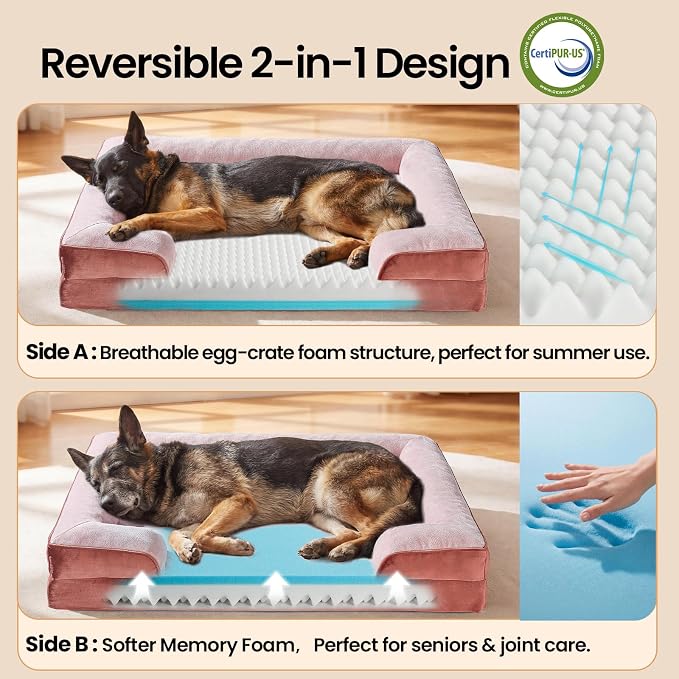 OhGeni Orthopedic Extra Large Dog Bed Couch, Memory Foam, 44-inch (Pink) | Waterproof Pet Bed with Machine-Washable Removable Cover & Soft Comfortable Fabric