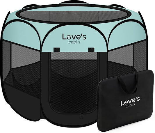 Love's cabin Pet Puppy Dog Playpen, Small Dog Tent Crates Cage Indoor/Outdoor, Portable Playpen for Cat, Foldable Pop Up Dog Kennel Playpen with Carring Case, Removable Zipper Top, Green