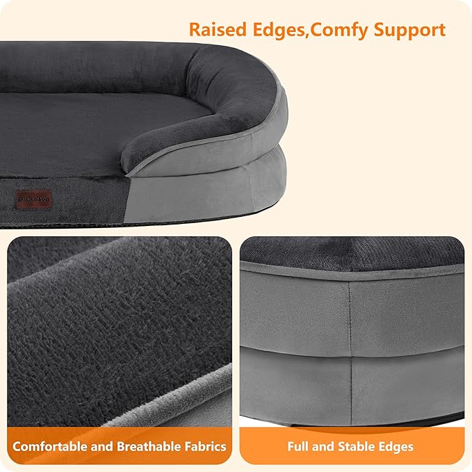 Dwanton Orthopedic Dog Bed for Medium Dogs with Gel Memory Foam, Waterproof Dog Sofa, Washable Pet Bed with Four Sided Bolster Cushion, Removable Cover & Non-Slip Bottom, 28", Dark Grey