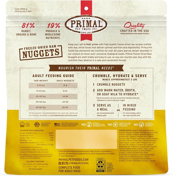 Primal Freeze Dried Raw Dog Food Nuggets, Rabbit, Complete & Balanced Meal, Also Use as Topper or Treat, Premium, Healthy, Grain Free, High Protein Raw Dog Food, 14 oz