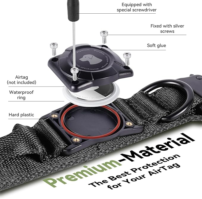 2026 Upgrade Waterproof AirTag Dog Collar, Military Tactical Dog Collar with AirTag Holder, Comfortable Control Handle and Metal Buckle, GPS Dog Collar Holder for Medium to Large Dogs (Black, XL)