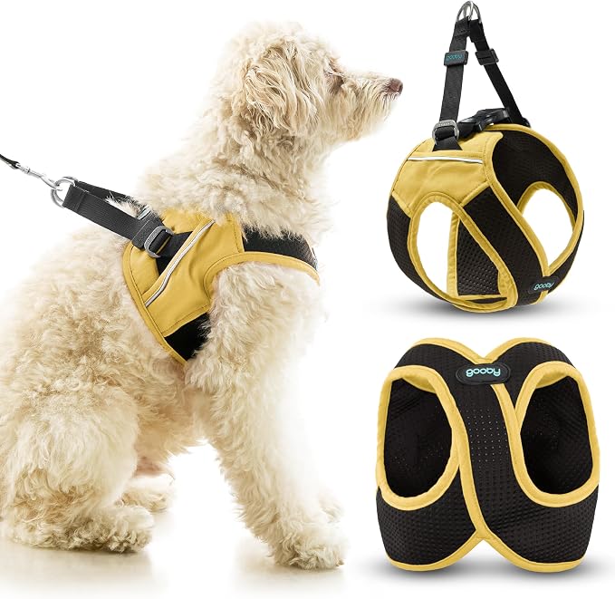 Gooby Escape Free Easy Fit X Step-in Dog Harness, Miami Yellow, Small | Patented escape-free, tightens on back-out; Choke-free X-frame + V-neck; Quick-release buckle; Reflective trim