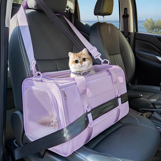 PETSFIT Cat Carrier Soft with Patented Safety Buckles, Safe for Car Travel | Lockable Zippers, Safety Tether, Escape-Resistant Pet Carrier for Vet Visits, Airline Approved Under-Seat, Up to 12 lbs