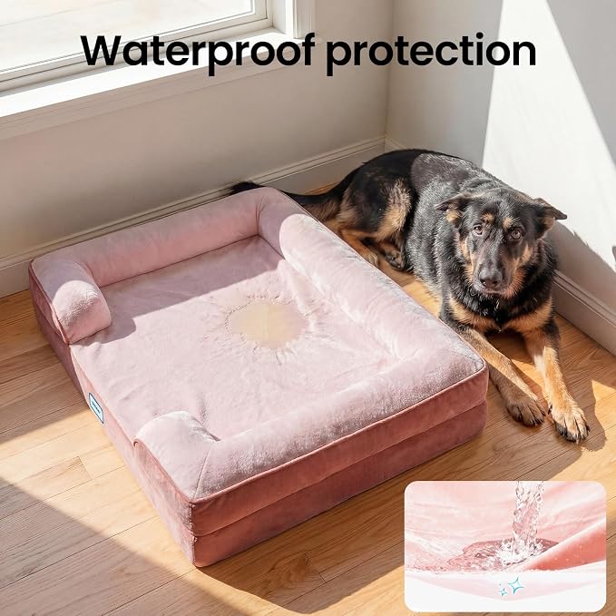 OhGeni Orthopedic Extra Large Dog Bed Couch, Memory Foam, 44-inch (Pink) | Waterproof Pet Bed with Machine-Washable Removable Cover & Soft Comfortable Fabric