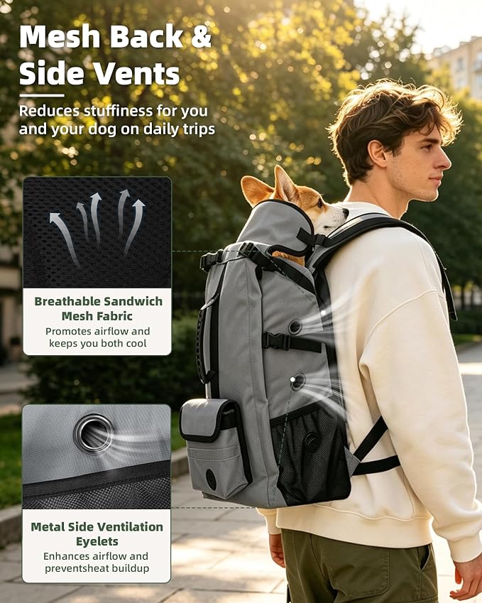 Breathable Dog Hiking Backpack Carrier for Small Dogs, Grey | 4-Layer Protection, Adjustable Dog Backpack with Storage Pockets, Reflective Strips, 3D Ergonomic Support, Under 24 lb