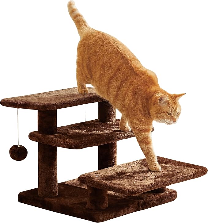 15''H Multi-Step Pet Stairs for High Beds & Sofas, 3-Step Cat Stairs with 2 Toy Balls, Wide Boards for Indoor Kittens Dogs Pets Climbing, Brown