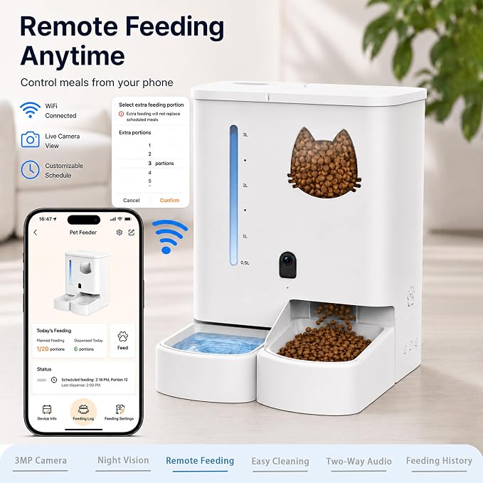 Waithem Automatic Cat&Dog Feeder and Waterer with Camera | 2K Video, 5L Food Capacity and 4L Water Station, 5G/2.4GHz Wi-Fi Control, 2 Weeks Capacity