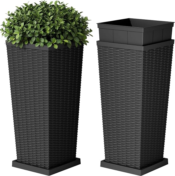 Devoko Resin Tall Planters for Outdoor Plants Set of 2, Large Taper Outdoor Planter Pots with 4 Drainage Holes, Flower Pots Modern Decor for Porch, Patio, Backyard, Garden(Black, 24''with Trays)
