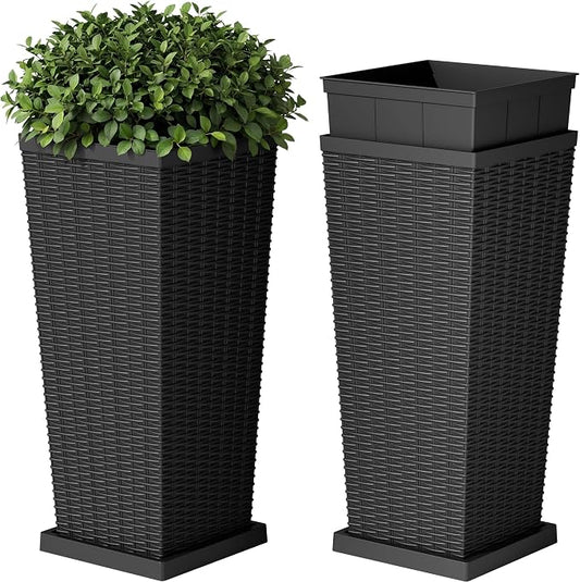 Devoko Resin Tall Planters for Outdoor Plants Set of 2, Large Taper Outdoor Planter Pots with 4 Drainage Holes, Flower Pots Modern Decor for Porch, Patio, Backyard, Garden(Black, 24''with Trays)