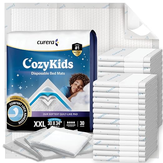 CozyKids® Disposable Bedwetting Bed Pads for Kids 30”x 34” [30-Pack] | Super Absorbent Potty Training Pee Pads for Children - XXL Bed Wetting Mats for Good Nights Chucks for Kids & Toddlers