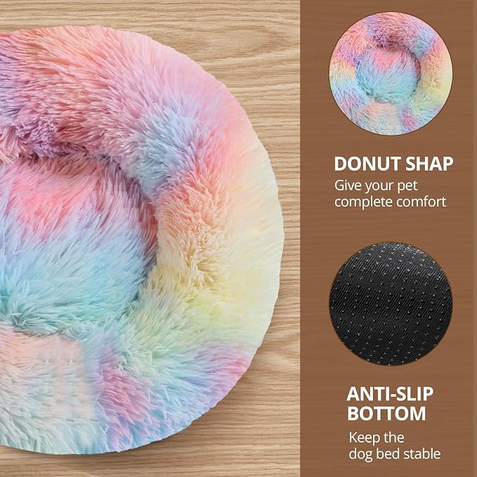 JOLLYVOGUE Calming Dog Bed Medium Size Dog, Anti-Anxiety Donut Medium Pet Bed, 27 inches Fluffy Faux Fur Round Cat Bed (Rainbow)