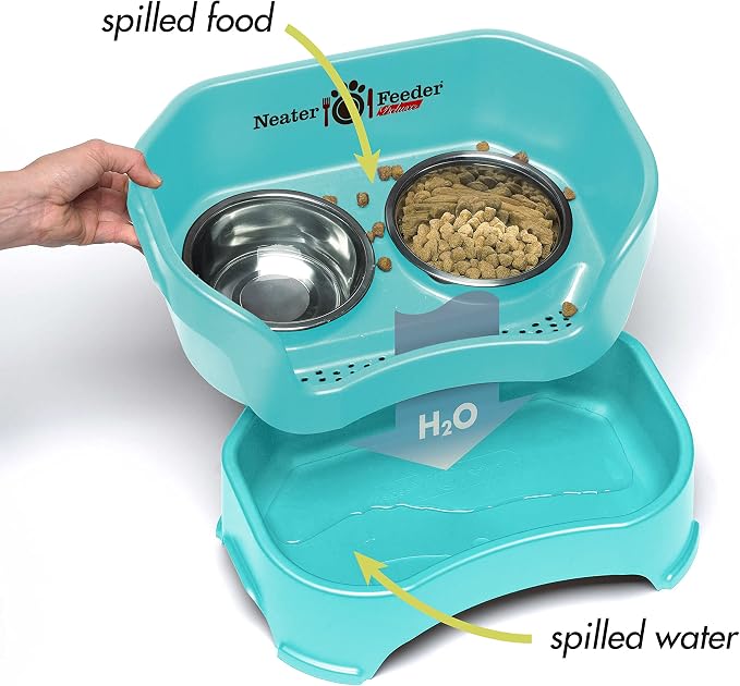 Neater Pet Brands Neater Feeder Deluxe Mess Proof Dog Bowls Elevated for Large Dogs Over 40 lbs, Made in USA, No Spill Raised Dog Food Bowl Stand Feeding Station, Food and Water Bowl Set, Aquamarine