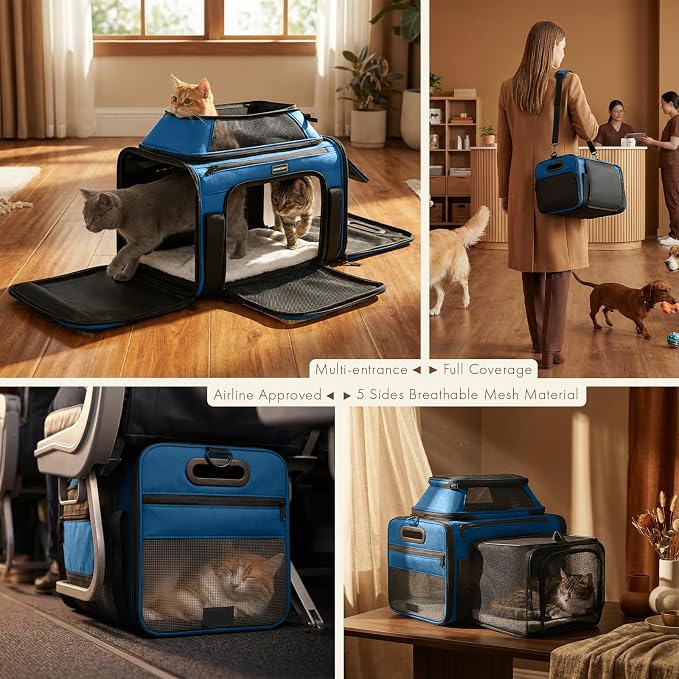 Top-Side Expandable Pet Carrier, Treat Window,18x11x11 Airline Approved | for Delta American United,Soft-Sided Cat Carrier,Anti-Scratch Mesh,Lockable Zippers,Dog Carrier for Kitten,Rabbit,Puppy,Blue