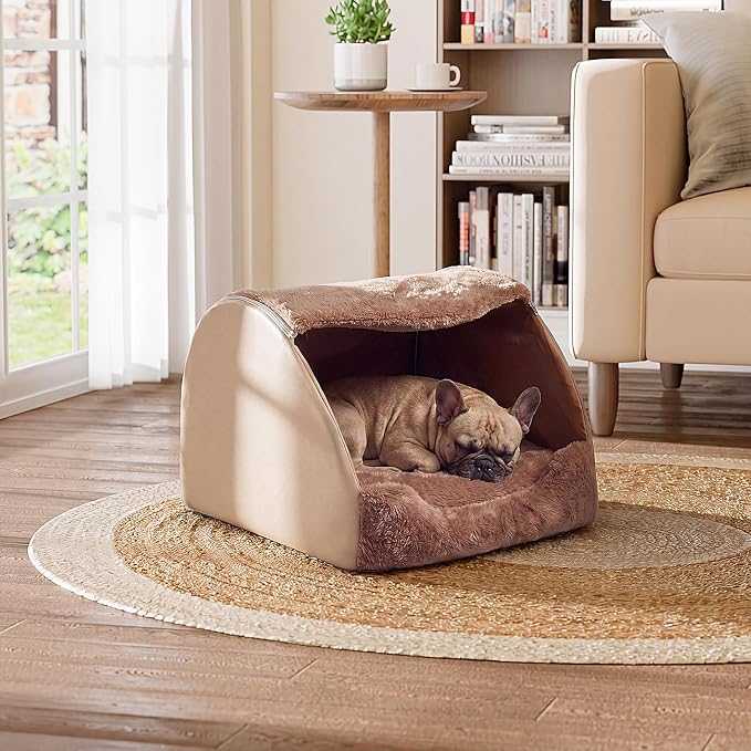 LATIBELL Indoor Puppy House Foldable Pet Tent Cave Bed ，Brown | Covered Cave Bed, For Small Dogs and Cats, Removable Washable Puppy Kennel, Soft Cushion
