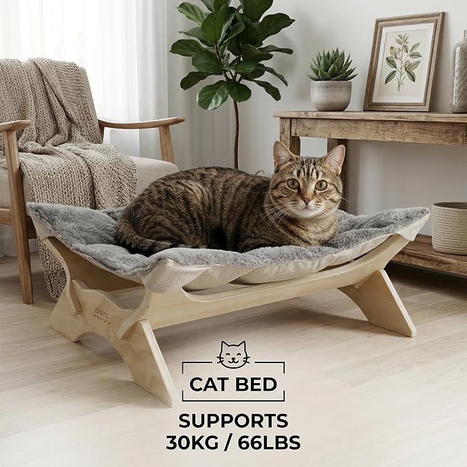 JSPYFITS Elevated Cat Bed Hammock, Raised Cat Bed with Dual-Sided Plush & Linen Cushion, Machine Washable & Breathable Cover Tool Free Easy Assembly, up to 66Lbs (Gray)