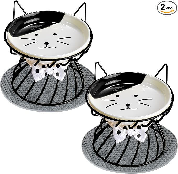 Set of 2 Elevated Ceramic Cat Bowls, Detachable, Black | Detachable Design Easy Cleaning Whisker Friendly Non-Slip Base Premium Ceramic