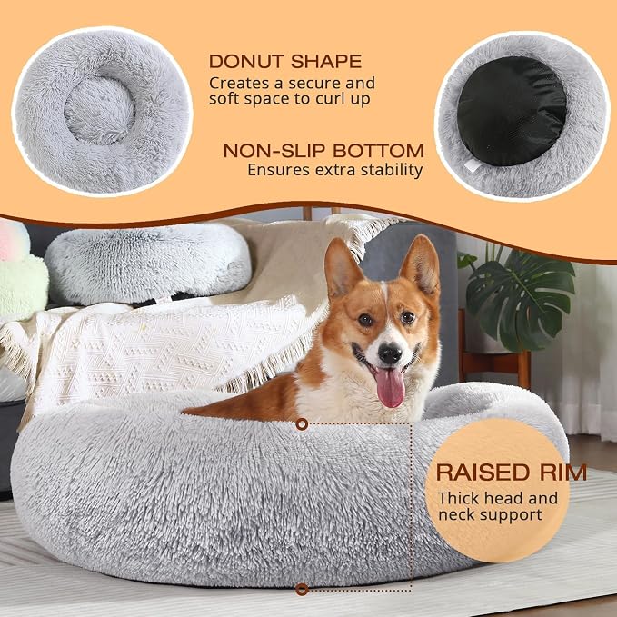 JOLLYVOGUE Dog & Cat Bed, Calming Anti-Anxiety Pet Bed for Small Dogs, Fluffy Donut Cushion for Small and Medium Pets (20") (Pack of 2)
