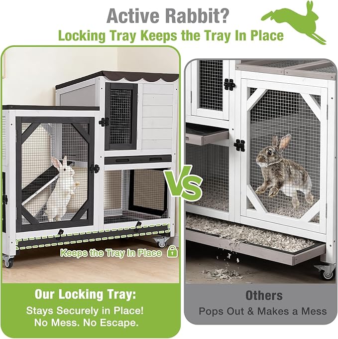 Gutinneen 2-Story Rabbit Hutch Bunny cage with Chew-Proof Ramp, Locking Leak-Proof Trays - Indoor/Outdoor 39.3" Wooden Rabbit Cage with Wheels for Rabbits, Guinea Pigs, Small Animal (Black and White)