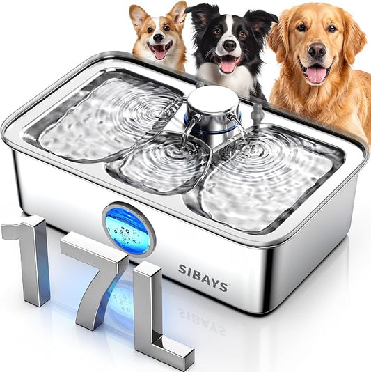 SIBAYS 4.5Gal/17L Dog Water Fountain, Large Capacity Stainless Steel Pet Water Fountain with Water Level LED Light, Ultra Quiet Dog Water Bowl Dispenser for Large Dogs & Multi-Pet, Easy to Clean FS83