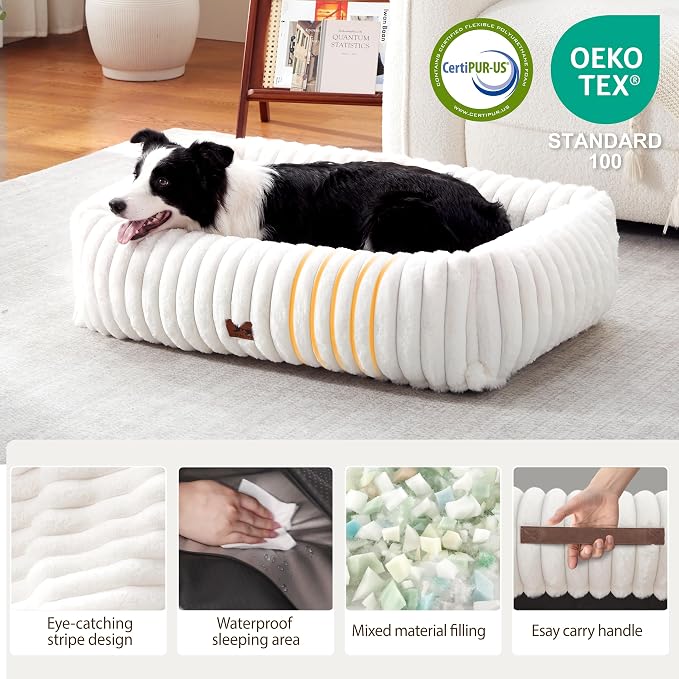Dog Beds Large Sized Dog,Rectangle Orthopedic Pet Bed for Large Dog, Comfort Fluffy Memory Foam Dog Beds with Anti-Slip Bottom,Cream(35x25x9inchs)