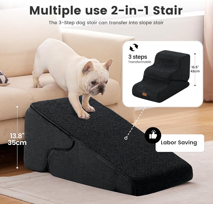Gardner Pet Dog Stairs for Small Dogs 16.5" H, 2 in 1 Transformable 3-Step Pet Stairs and Dog Ramp for Couch (13-20 in), Black Adjustable Pet Steps with Non-Slip Waterproof Cover and CertiPUR-US Foam