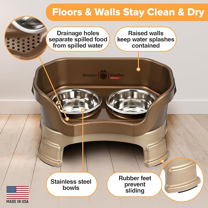 Neater Feeder Deluxe Mess-Proof Elevated Dog Bowls for Small Dogs (Up to 19 lbs), 2 Height Adjustable (6” & 7.5”) No-Spill Raised Dog Bowl Stand, Stainless Steel Food Bowl Set, Made in USA, Bronze