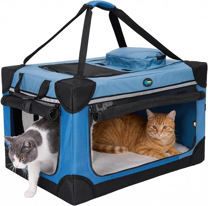 Ownpets Extra Large Cat Carrier for 2 Cats Small Dogs, 24 Inches Collapsible Soft Dog Crate for Car Travel, Portable Pet Carrier with Soft Mat, Blue | Foldable, Portable, 4-Doors, 4-Side Mesh Windows, Steel Frame Oxford Cloth, Soft Cushion Mat, Leash, ...