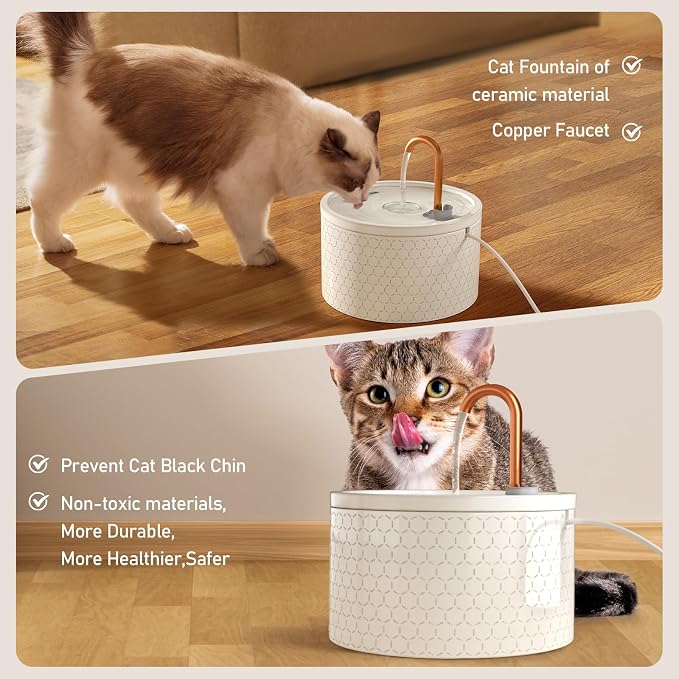 DOOOB Ceramic Cat Water Fountain, 2.1L/71oz Cat Fountain, Automatic Ceramic Water Fountain for Cats, Pet Water Fountain with Ultra-Quiet Pump and 3 Filters & 3 Sponges (Honeycomb Embossed)