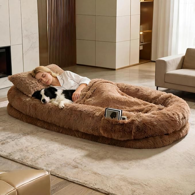 Human Dog Bed - Extra Large Dog Bed for Humans 71''x45''x12'' | Giant Cuddle Pillow Pet Lounger, Super Soft Plush Orthopedic Floor Cushion for Adults, Kids, Pets - Washable Cover, Khaki.