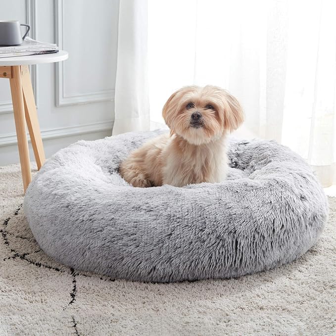 Calming Dog Bed & Cat Bed Washable Puppy Bed,24" Light Grey | Fluffy Faux Fur Round Cuddler,Anti-Anxiety,Anti-Slip Bottom,Self-Warming Pet Beds for Puppy&Small Dog&Large Cat,Up to 25 LBS