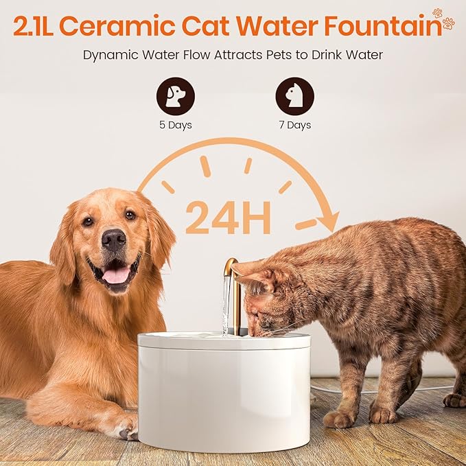 MISFANS Ceramic Cat Water Fountain, All-Ceramic Body, Pure Copper Spout | 2.1L/71oz Capacity, Under 20dB Pump, Dual Filtration, Faucet and Fountain Modes, Easy-Clean Unit, 3 Filters and Sponge, White