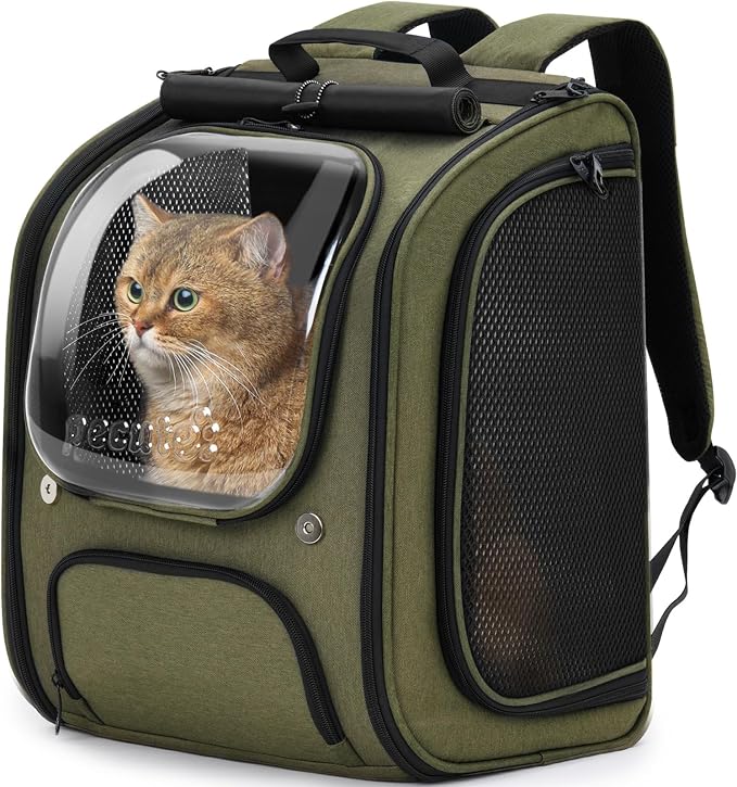 Pecute Cat Backpack Carrier,Large Space Cat Bubble Backpack,Ergonomic,Green | Sunshade Curtain,Transparent Window,Safety Rope,Sturdy,Large Mesh on Both Sides for Breathability,Suitable for Outdoor,Vet