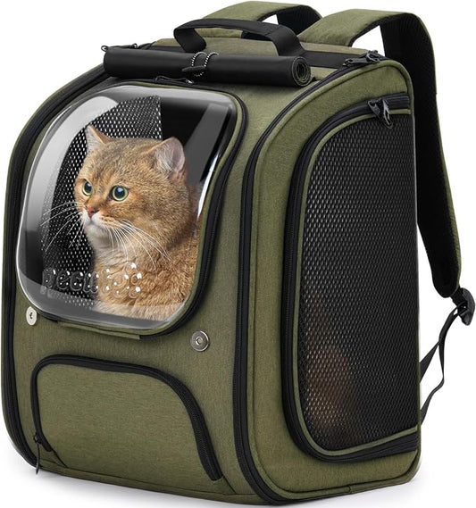 Pecute Cat Backpack Carrier,Large Space Cat Bubble Backpack,Ergonomic,Green | Sunshade Curtain,Transparent Window,Safety Rope,Sturdy,Large Mesh on Both Sides for Breathability,Suitable for Outdoor,Vet