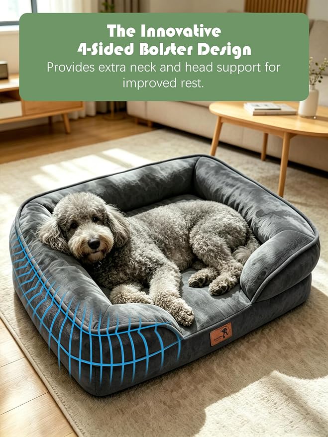 Spotted Play Orthopedic Dog Bed with Sides - Sofa Beds for Large Dogs, Supportive Foam Pet Couch Bed with Washable Removable Cover, Waterproof Lining and Non-Slip Bottom, Dark Grey - L-Plus