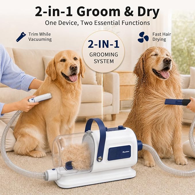 Buenkee Dog Grooming Vacuum & Blow Dryer Kit, Pet Clipper, 15000Pa Suction | 3-in-1 Pet Care, Removes Loose Fur, Styles Coats & Dries After Baths, Adjustable Heat & Airflow, 1.7L Dust Cup for Easy Clean
