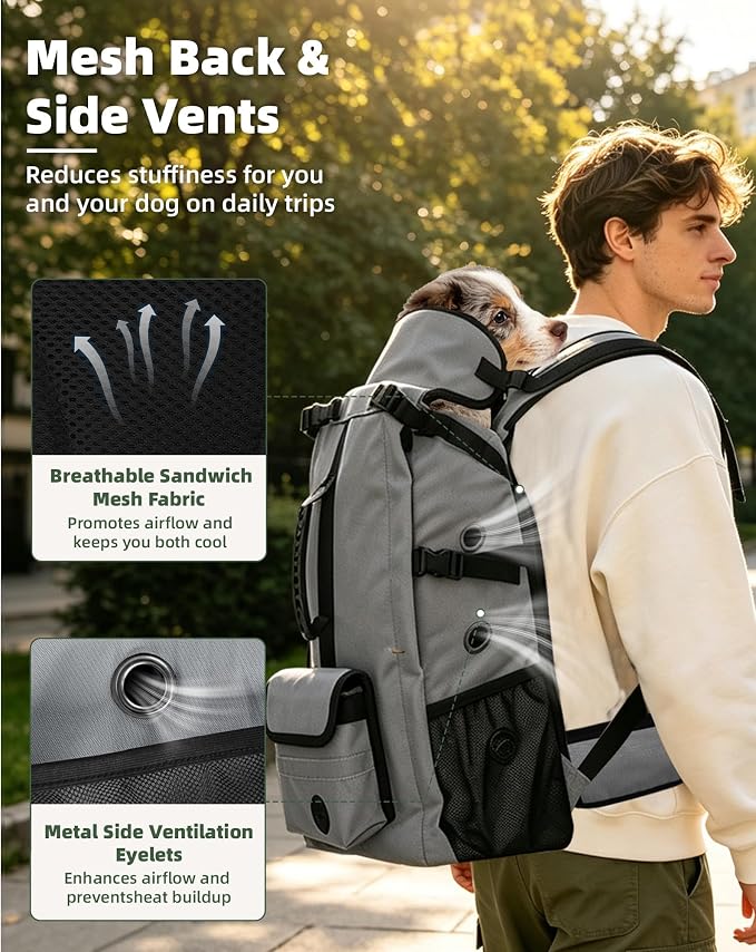 Breathable Dog Hiking Backpack Carrier for Large Dogs, Grey | 4-Layer Protection, Adjustable Dog Backpack with Storage Pockets, Reflective Strips, 3D Ergonomic Support, Under 50 lb