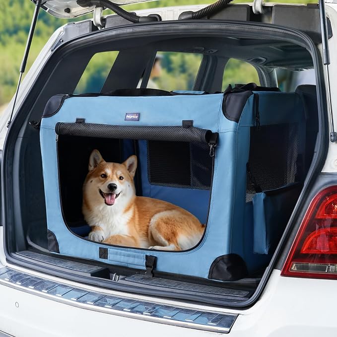 Petprsco Portable Dog Crates for Medium Dogs, 32"x23"x23" Travel Dog Crate | Collapsible Dog Crate with Plush Mat, Soft Blanket & Foldable Bowl, Strong Fabric, 4-Sided Vents, 3 Doors, Indoor/Outdoor Use