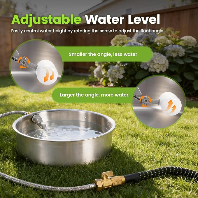 Automatic Dog Water Bowl Dispenser Large Breed Outdoor Pet Water Fountain with Float Valve 6.5L Heavy-Duty Stainless Steel Auto Waterer for Large Dogs Cats Puppy Chicken (1 Drinking Port)
