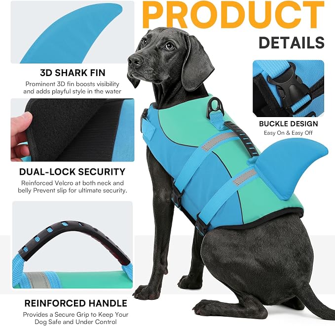 Shark Dog Life Jacket, Dog Life Vests for Boating, High Buoyant Pet Life Vest for Swimming, Adjustable Easy On Cat Life Jackets for Small, Medium, Large Dogs (Pool Blue,S)