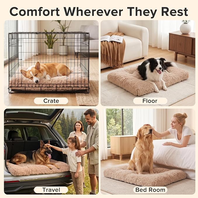 JOEJOY Dog Bed Crate Pad, Deluxe Plush Washable Dog Beds Fulffy Soft Kennel Pad Anti-Slip Pet Sleeping Mat for Medium Small Dogs, 29" x 21", Beige