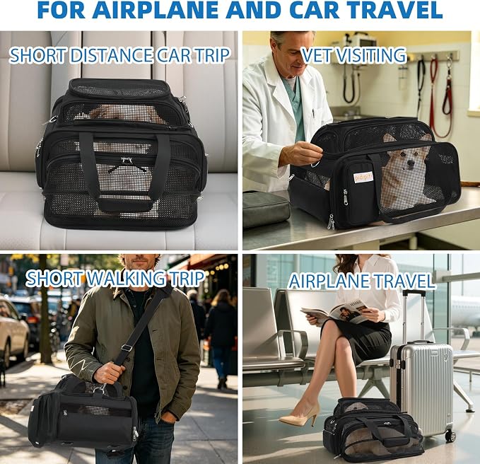 pidipiti 18x14x8 Soft-Sided pet Carrier,for 1 Extra-Small Dog/Medium cat | top and 1 side Expandable,TSA Approved,for Airlines only Have 8'' Height Space underseat,with zipper lock,good Visibility