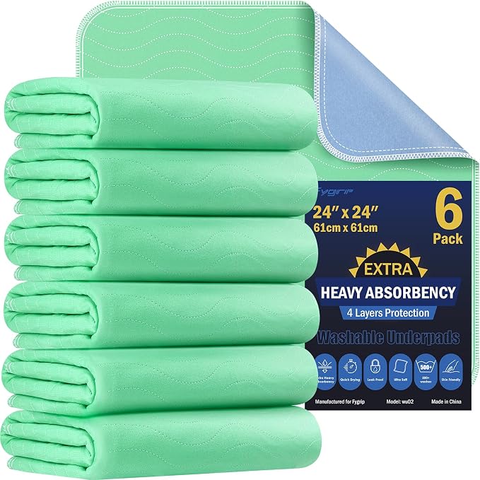 6 Pack 24” x 24” Extra Heavy Absorbency Washable Underpads Bed Pads | WaterProof Nursing Pads Incontinence, Reusable Washable Pee Pads for Dogs, Diaper Changing & Adults, Washable Puppy Pads