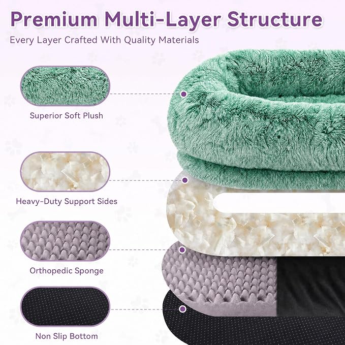 Human Dog Bed, Oversized Plush Lounger Bed with Plump Pillow and Blanket | 71" x 45" x 12" Long Plush Polyester Floor Nest for Relaxing, Napping, Reading, and Family Cuddle Time - Gradient Green