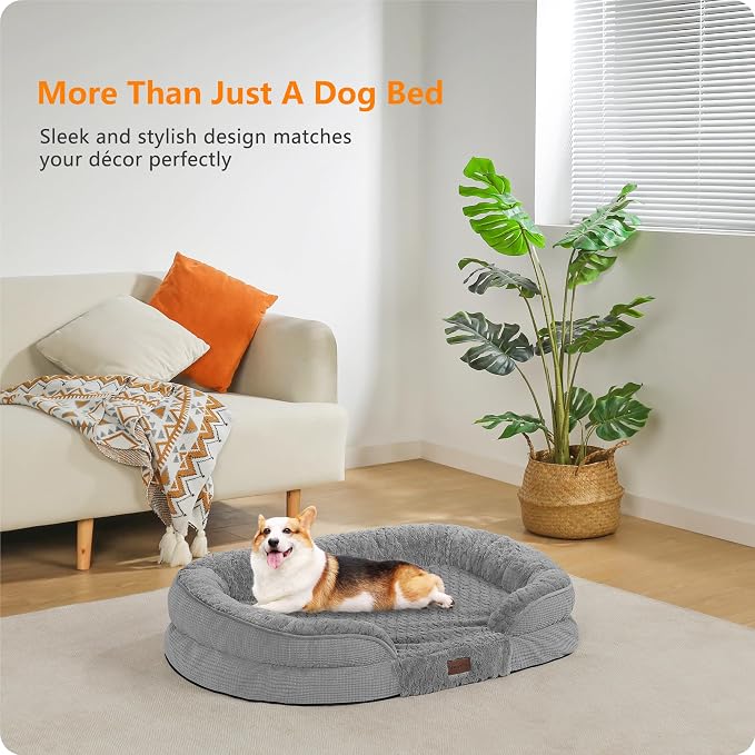 Dwanton Orthopedic Dog Bed for Medium Dogs with Gel Memory Foam, Waterproof Dog Sofa, Washable Pet Bed with Four Sided Bolster Cushion, Removable Cover & Non-Slip Bottom, 36", Plush-Medium Grey