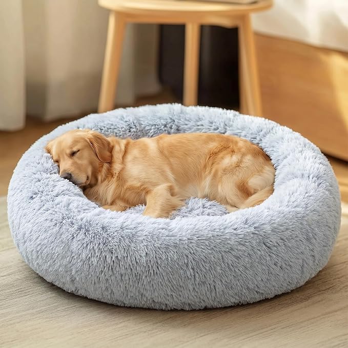 JOLLYVOGUE Calming Dog Beds Extra Large Sized Dog, 45in Donut Washable Large Pet Bed, Anti-Slip & Anti-Anxiety Fluffy Faux Fur Round Dogs Bed, Fits up to 125 lbs Pets (Smoke Grey)