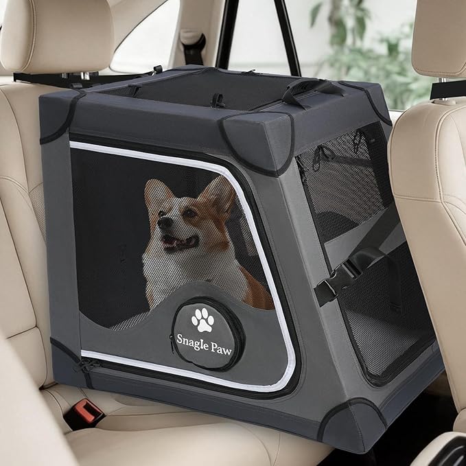 Snagle Paw Dog Car Crate for Back Seat, Portable, Medium, Gray | 3-point seat securement, breathable mesh, feeding windows, folds flat, for road trips, camping and vet visits