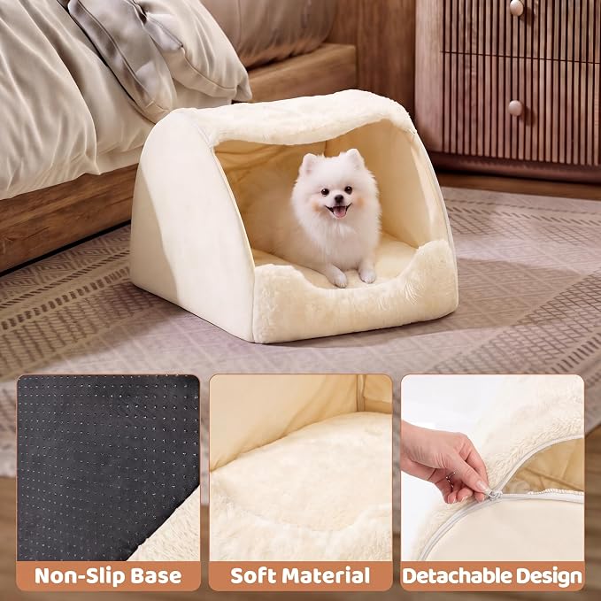 LATIBELL Indoor Puppy House Foldable Pet Tent Cave Bed ，White | Foldable Indoor Dog House With Removable Washable Soft Cushion, Covered Cave For Small Puppy