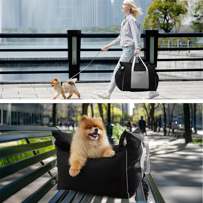 Lesure Dog Car Seat for Small Dogs,Booster Car Bed for Puppy Under 25lbs | Soft Pet Carseat with Clip-On Safety Leash and Thickened Memory Foam Filling,Dog Travel Carrier Bed with Storage Pocket,Black
