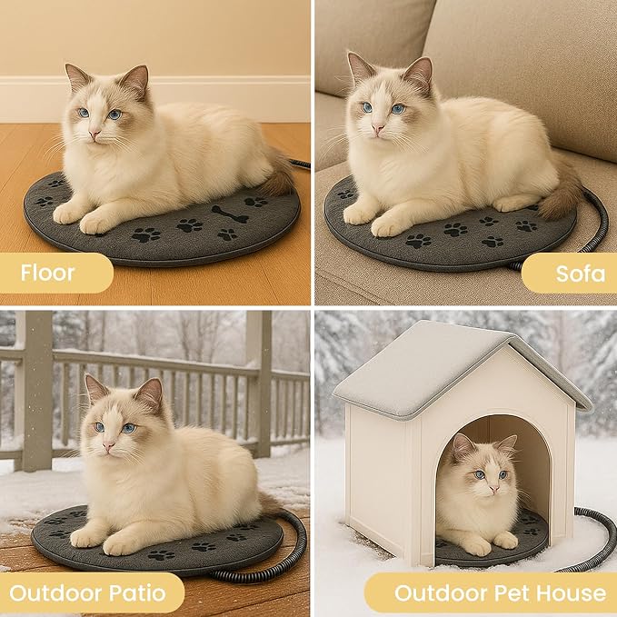 Pet Heating Pad for Cats Dogs Indoor & Sheltered Outdoor Waterproof Heated Cat Bed Heated Dog Bed Chew Resistant Cord Constant Temperature Gray Paw Print Round 16 Inch