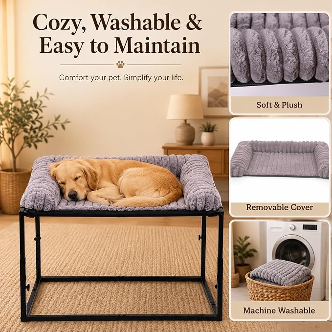 Adjustable Bedside Dog Bed for Large Dogs | Elevated Co-Sleeper Dog Bed with Metal Frame, Thick Supportive Cushion Mattress & Washable Cover, Dog Bedside Sleeper